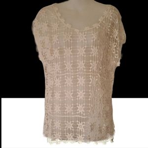 KELA Sexy Creamy White Crochete Lace Top Floral Pattern Cotton Short Sleeve Sm